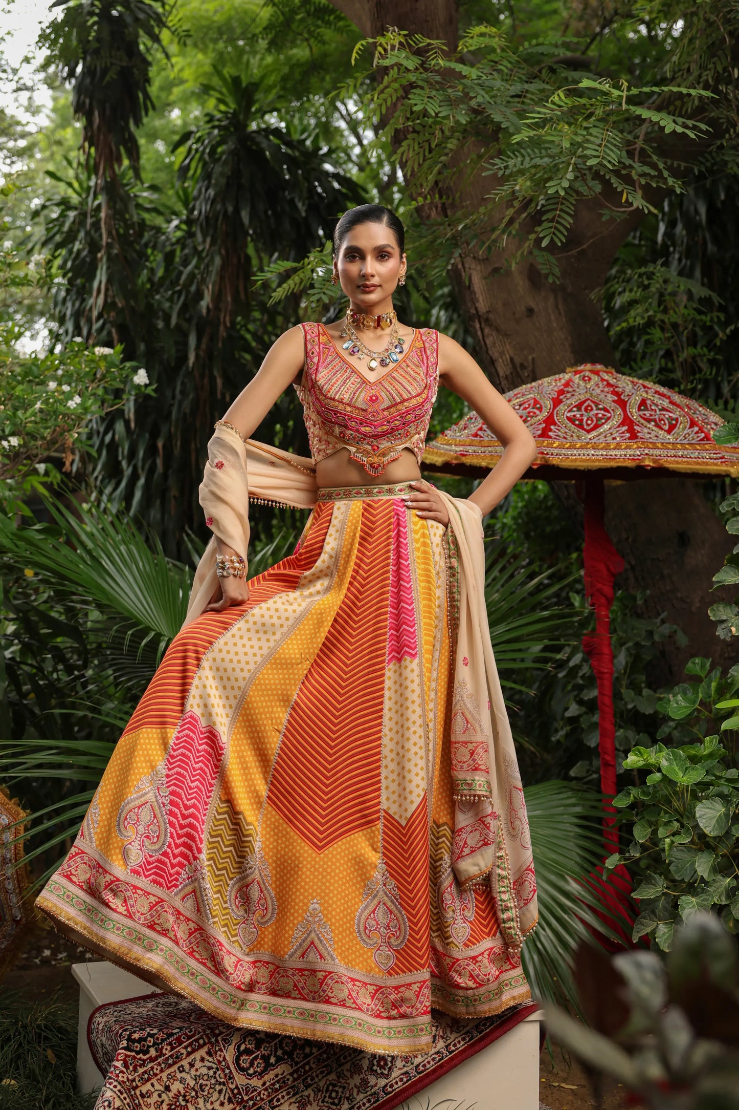 Geometric Print Lehanga with Heavy Blouse