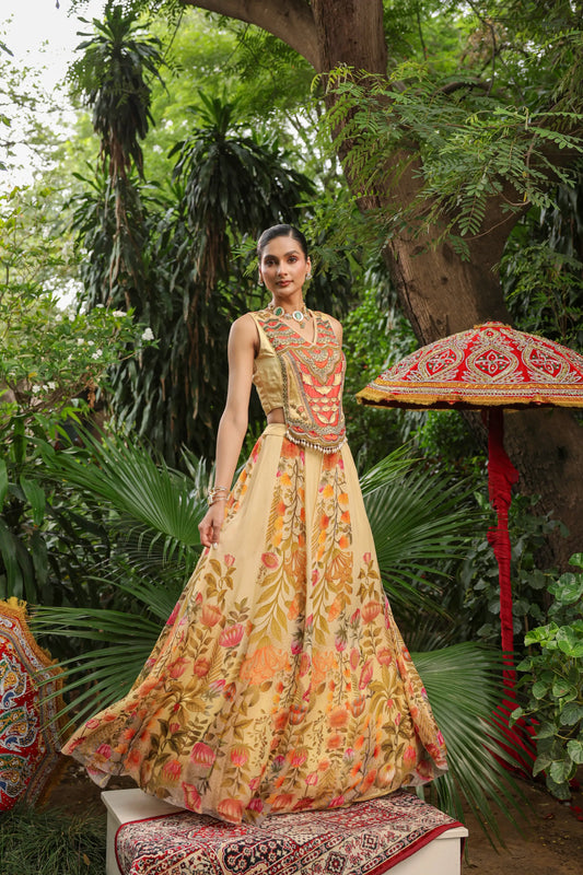 Floral Lehanga with Heavy Cape Jacket