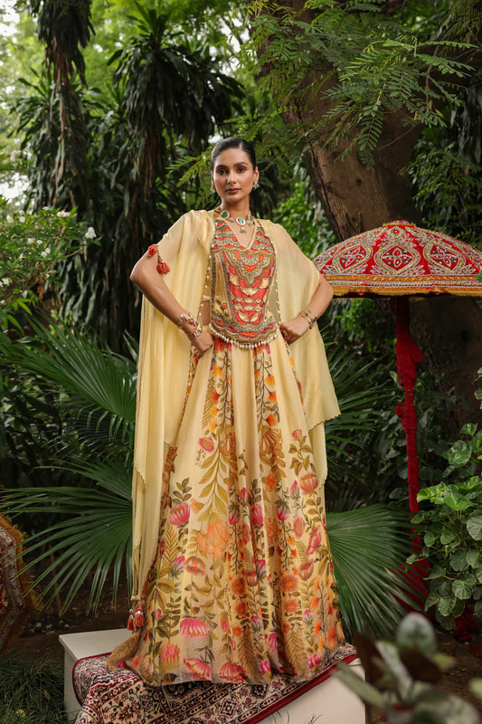Floral Lehanga with Heavy Cape Jacket