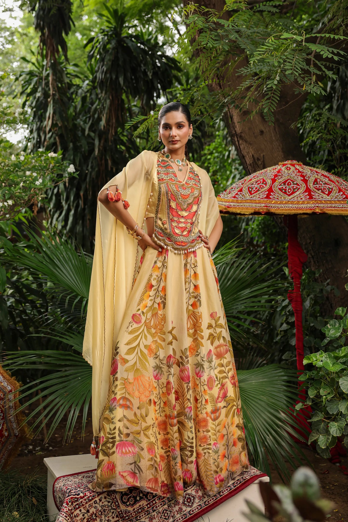 Floral Lehanga with Heavy Cape Jacket