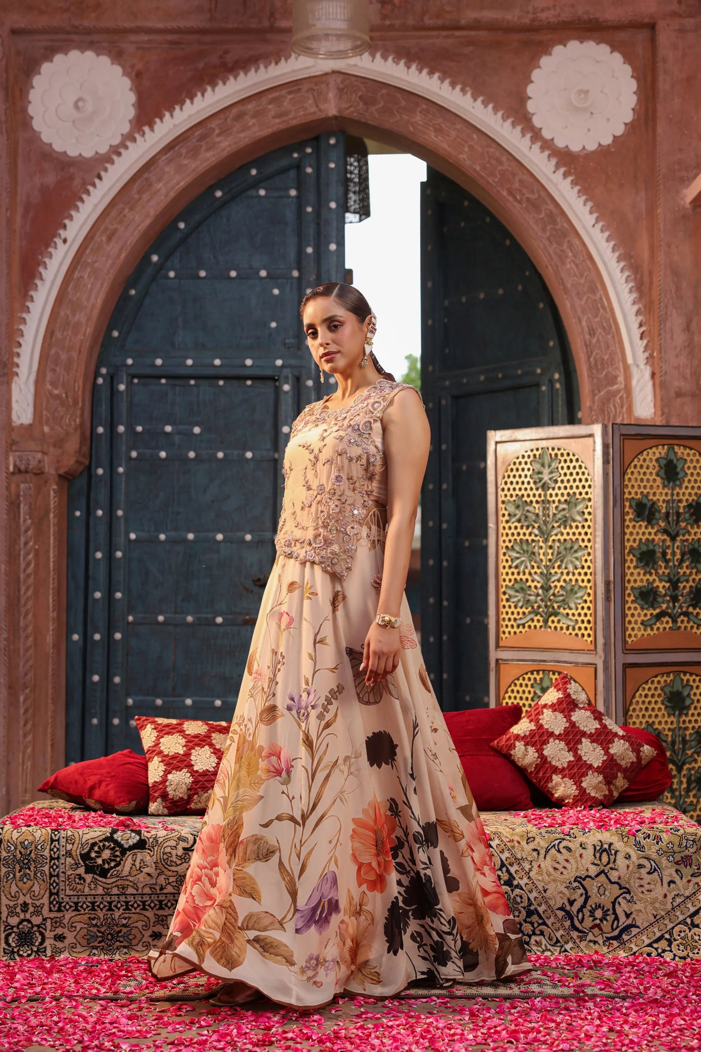 Embroidered Top with Floral Light Lehanga