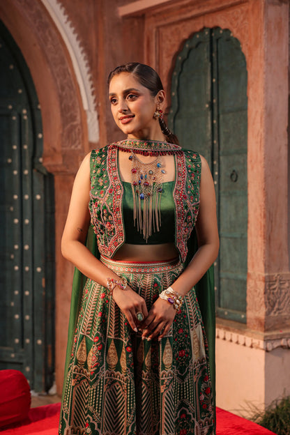 Palace Print Divider Pant with bustier and heavy Jacket
