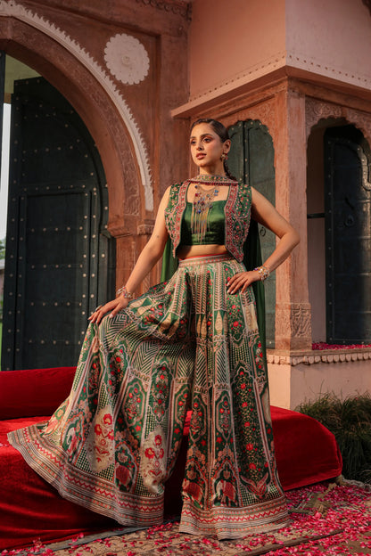 Palace Print Divider Pant with bustier and heavy Jacket