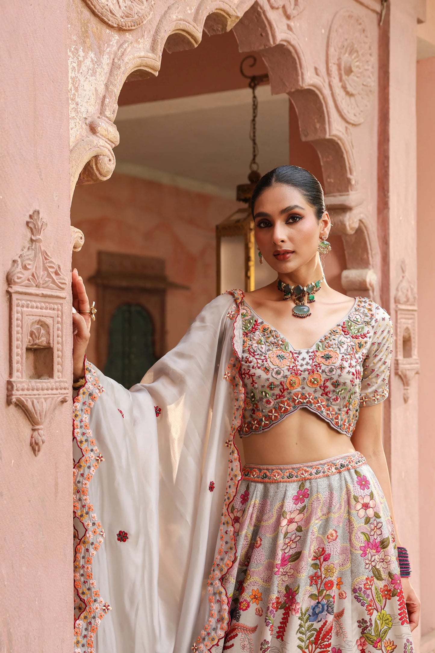 Cloud Grey Floral Lehanga