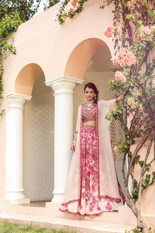 Pink Floral Print Jacket Pattern Lehanga