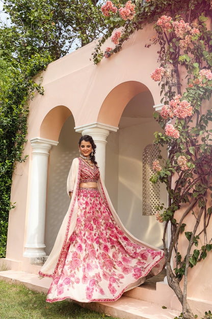Pink Floral Print Jacket Pattern Lehanga