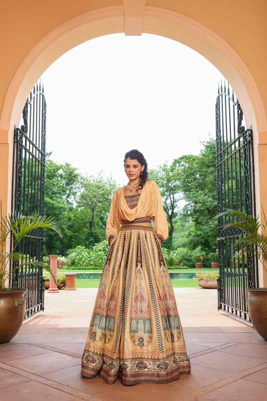 Beige Traditional Print Lehanga with Cowl Pattern Blouse