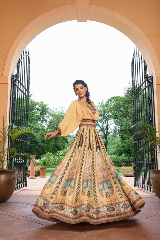 Beige Traditional Print Lehanga with Cowl Pattern Blouse