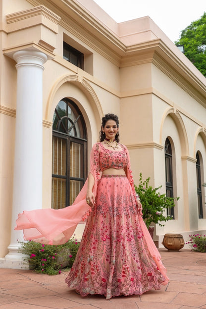Pink Traditional Print Jacket Pattern Lehanga