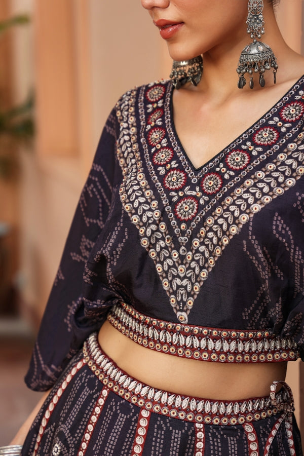 Black Colour Lehanga with Cowl Pattern Blouse