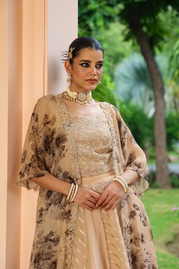 Beige Colour Jacket Pattern Lehanga