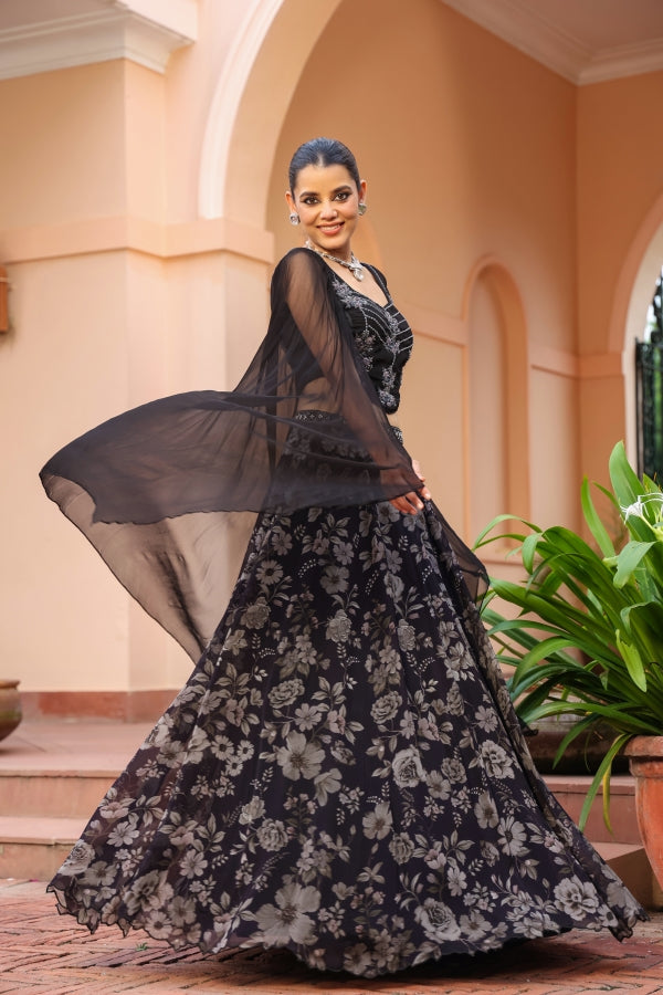 Black Colour Lehanga with Floral Print