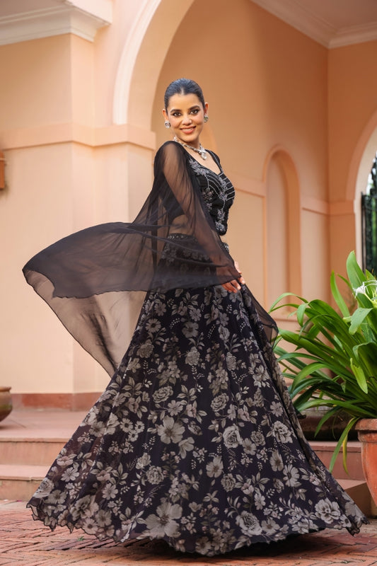 Black Colour Lehanga with Floral Print