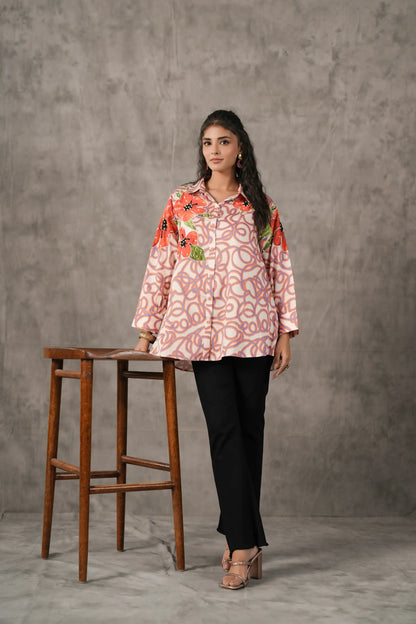 Printed Short Top with applique flower highlighted