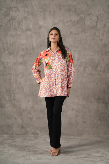 Printed Short Top with applique flower highlighted