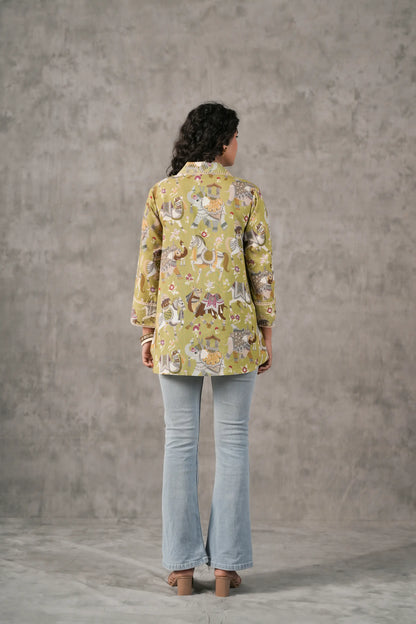 Printed Linen Short Top with Lace