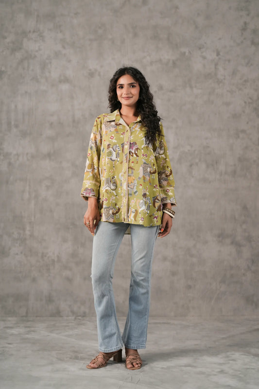 Printed Linen Short Top with Lace