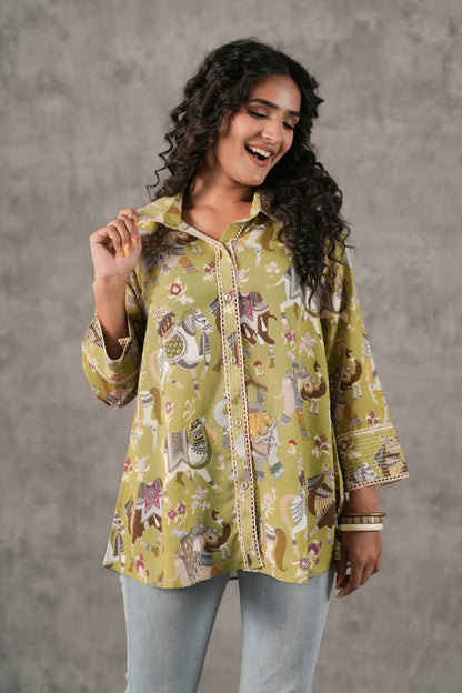 Printed Linen Short Top with Lace