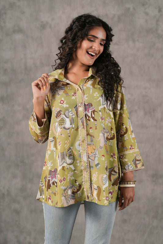 Printed Linen Short Top with Lace
