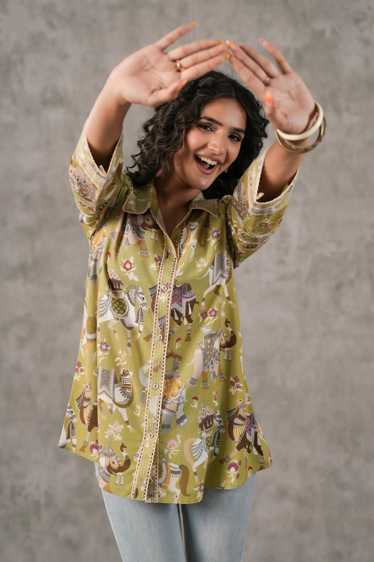 Printed Linen Short Top with Lace