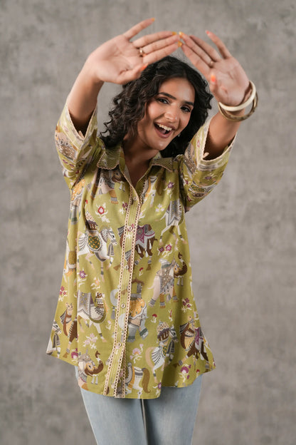 Printed Linen Short Top with Lace