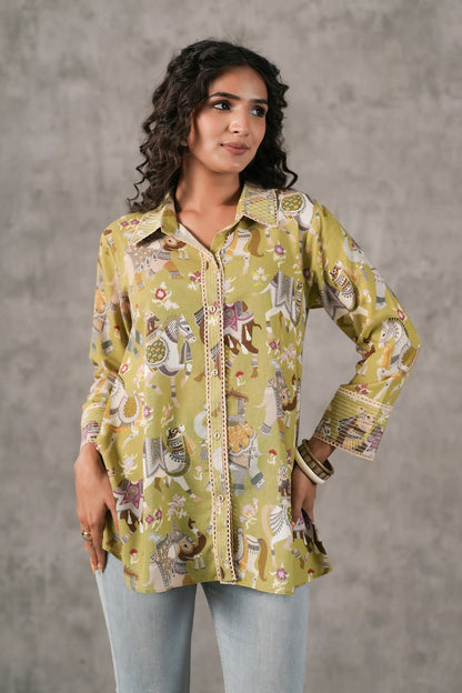 Printed Linen Short Top with Lace