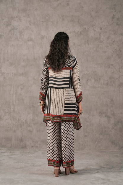 embellished aline top with straight pants. Co-ords.
