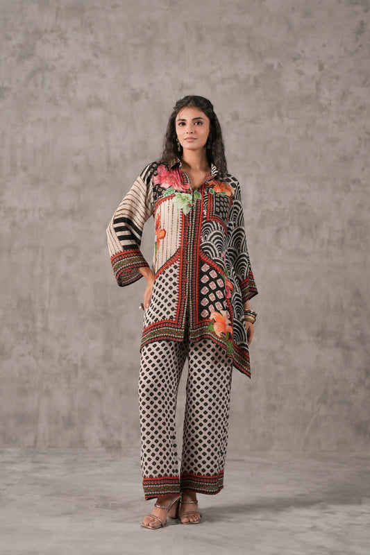 embellished aline top with straight pants. Co-ords.