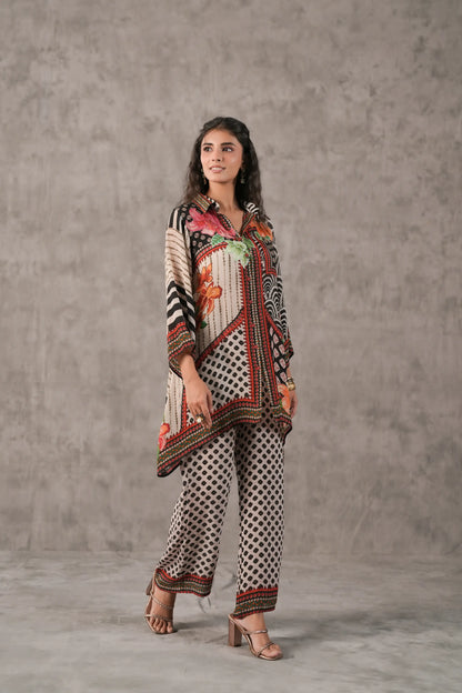 embellished aline top with straight pants. Co-ords.