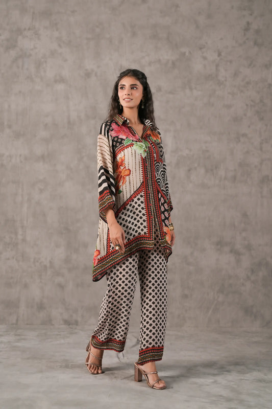 embellished aline top with straight pants. Co-ords.