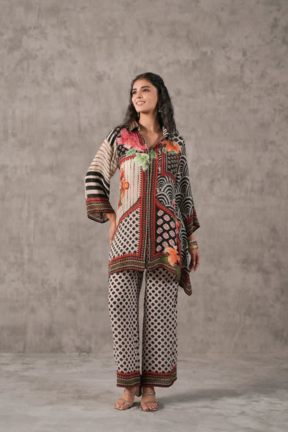 embellished aline top with straight pants. Co-ords.