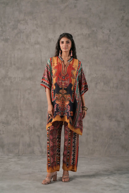 embellished aline top with straight pants. The ethnic Co-ords.