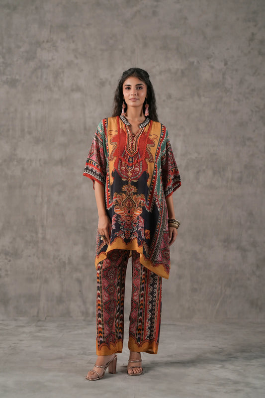 embellished aline top with straight pants. The ethnic Co-ords.