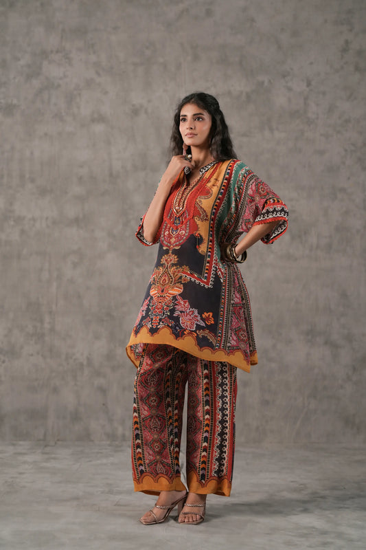 embellished aline top with straight pants. The ethnic Co-ords.