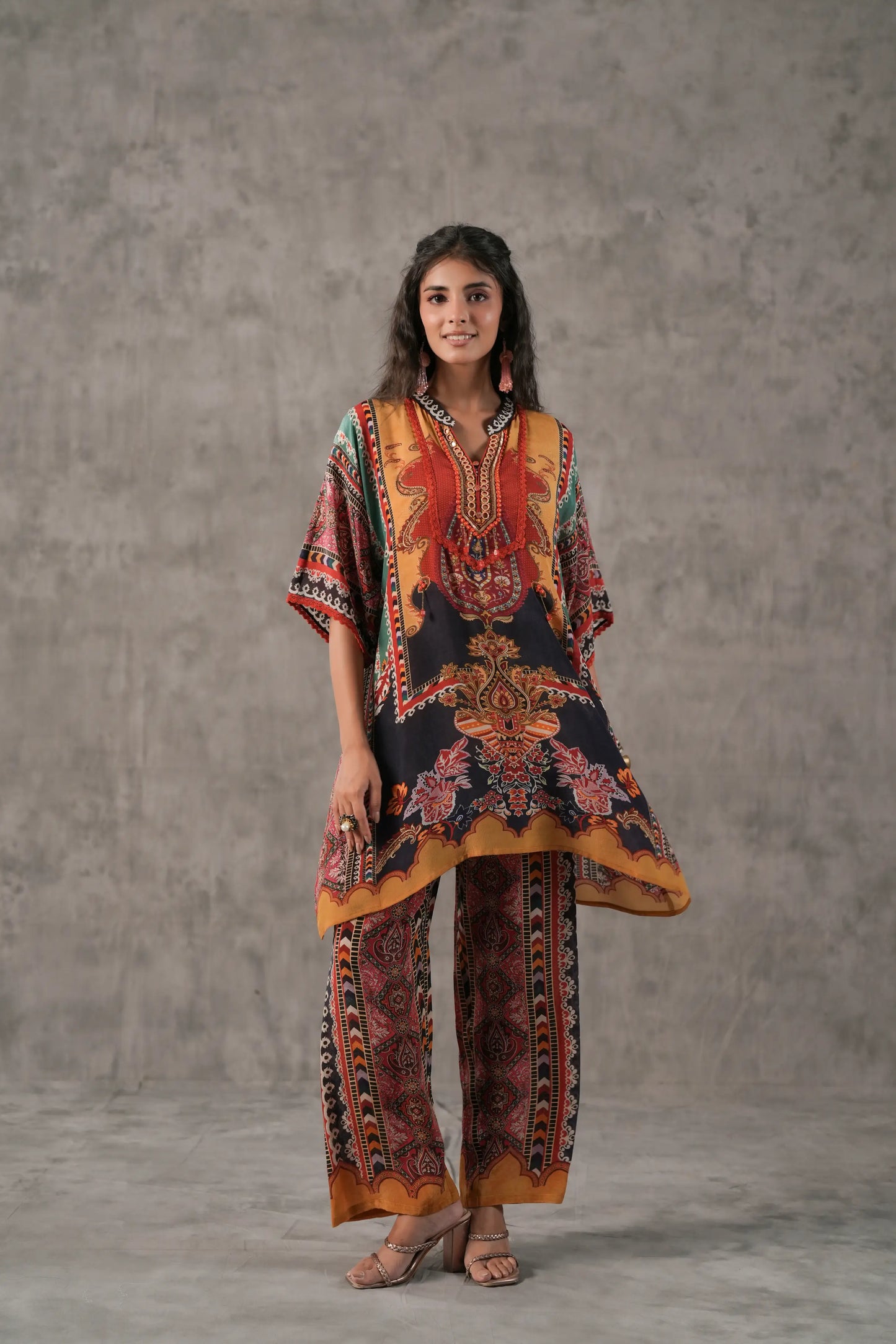 embellished aline top with straight pants. The ethnic Co-ords.