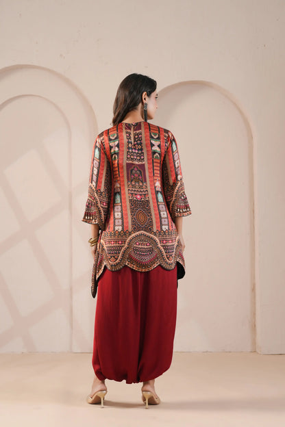Printed Embroidered Scalloped Hem Line Kurta with Harem Pants