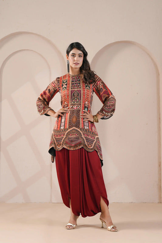 Printed Embroidered Scalloped Hem Line Kurta with Harem Pants