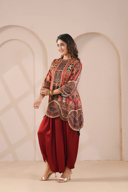 Printed Embroidered Scalloped Hem Line Kurta with Harem Pants