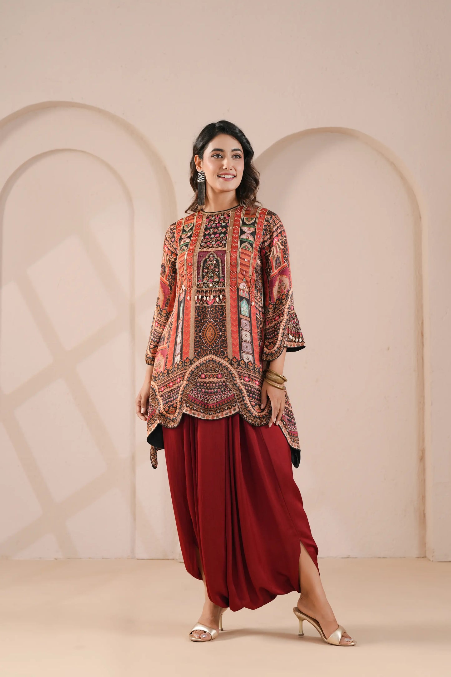Printed Embroidered Scalloped Hem Line Kurta with Harem Pants