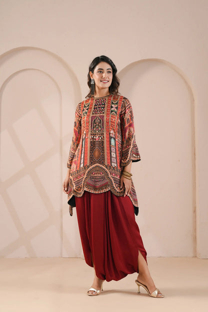 Printed Embroidered Scalloped Hem Line Kurta with Harem Pants