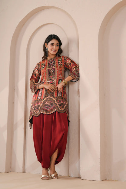 Printed Embroidered Scalloped Hem Line Kurta with Harem Pants