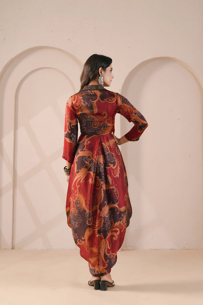 Printed Cowl Dress with Embroidered Collar