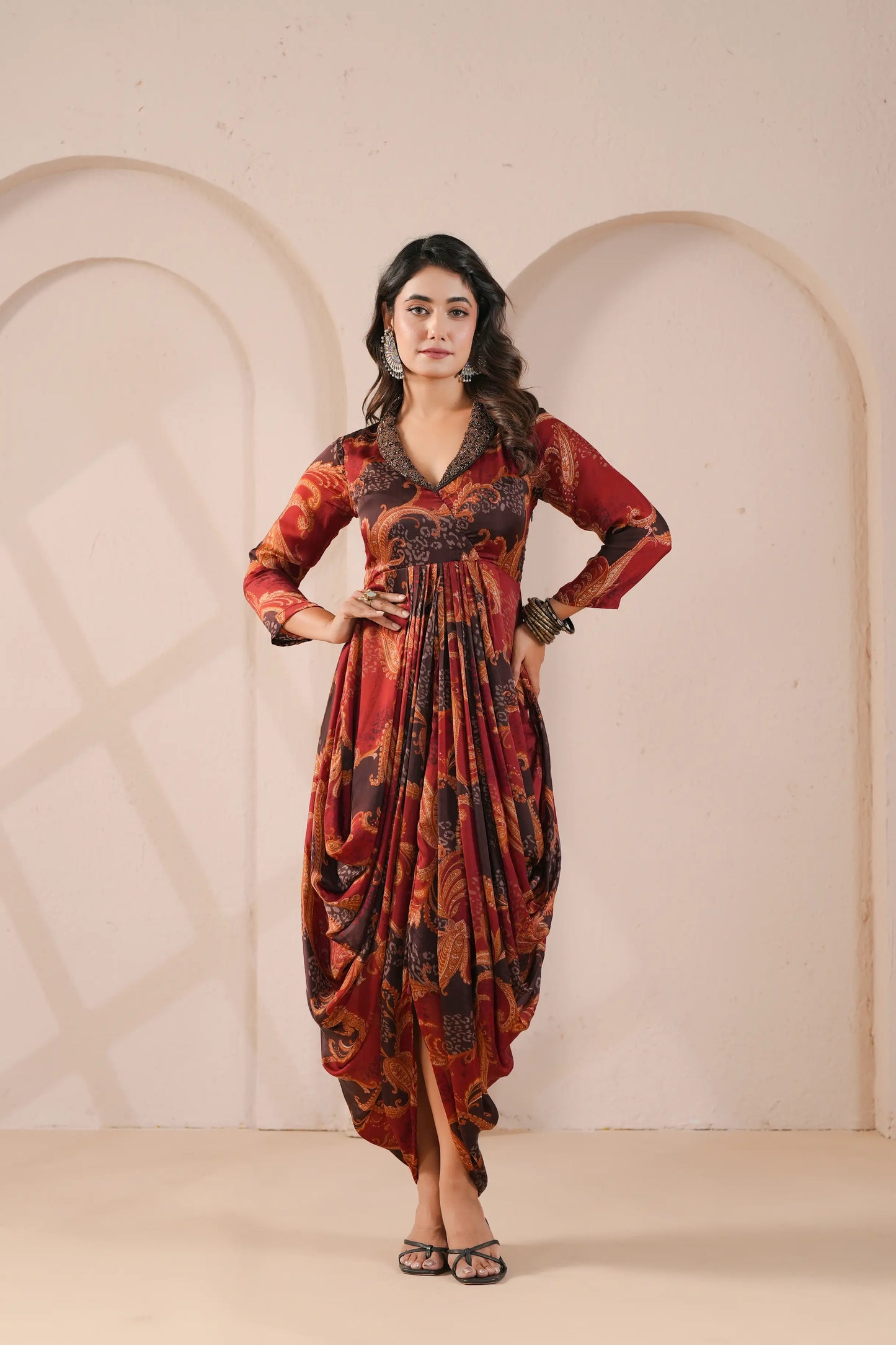 Printed Cowl Dress with Embroidered Collar
