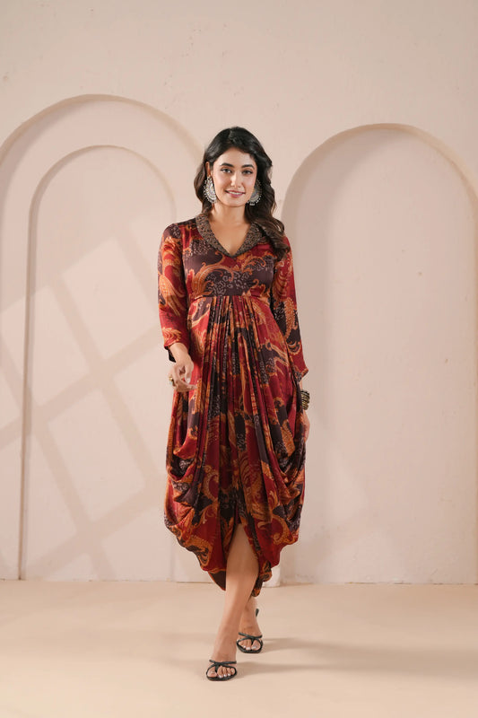 Printed Cowl Dress with Embroidered Collar