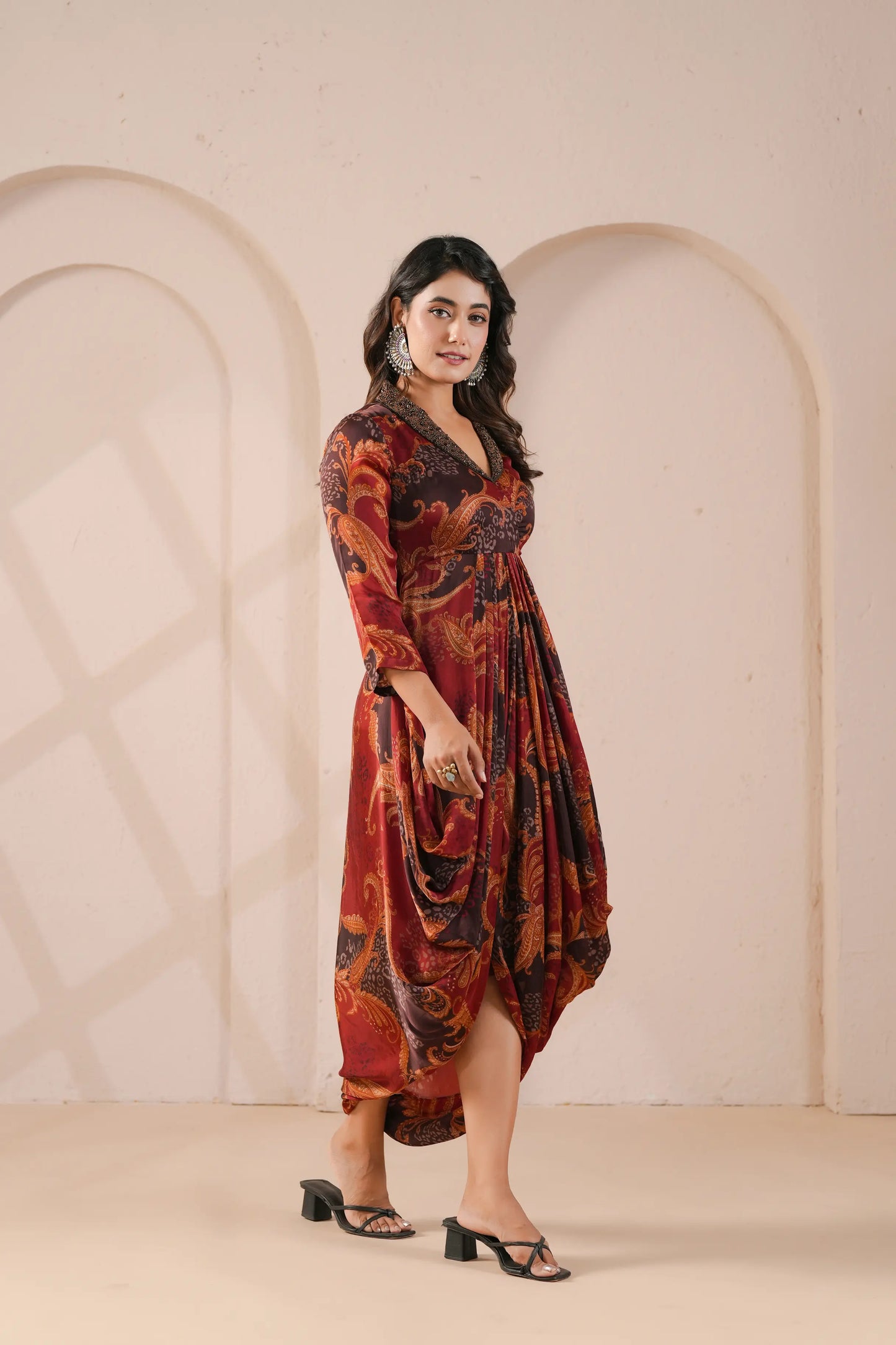 Printed Cowl Dress with Embroidered Collar