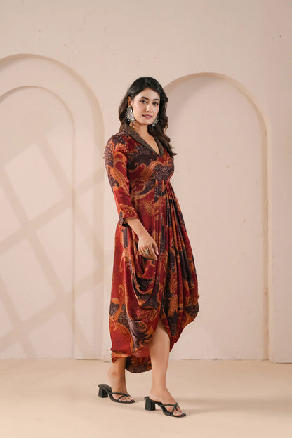 Printed Cowl Dress with Embroidered Collar