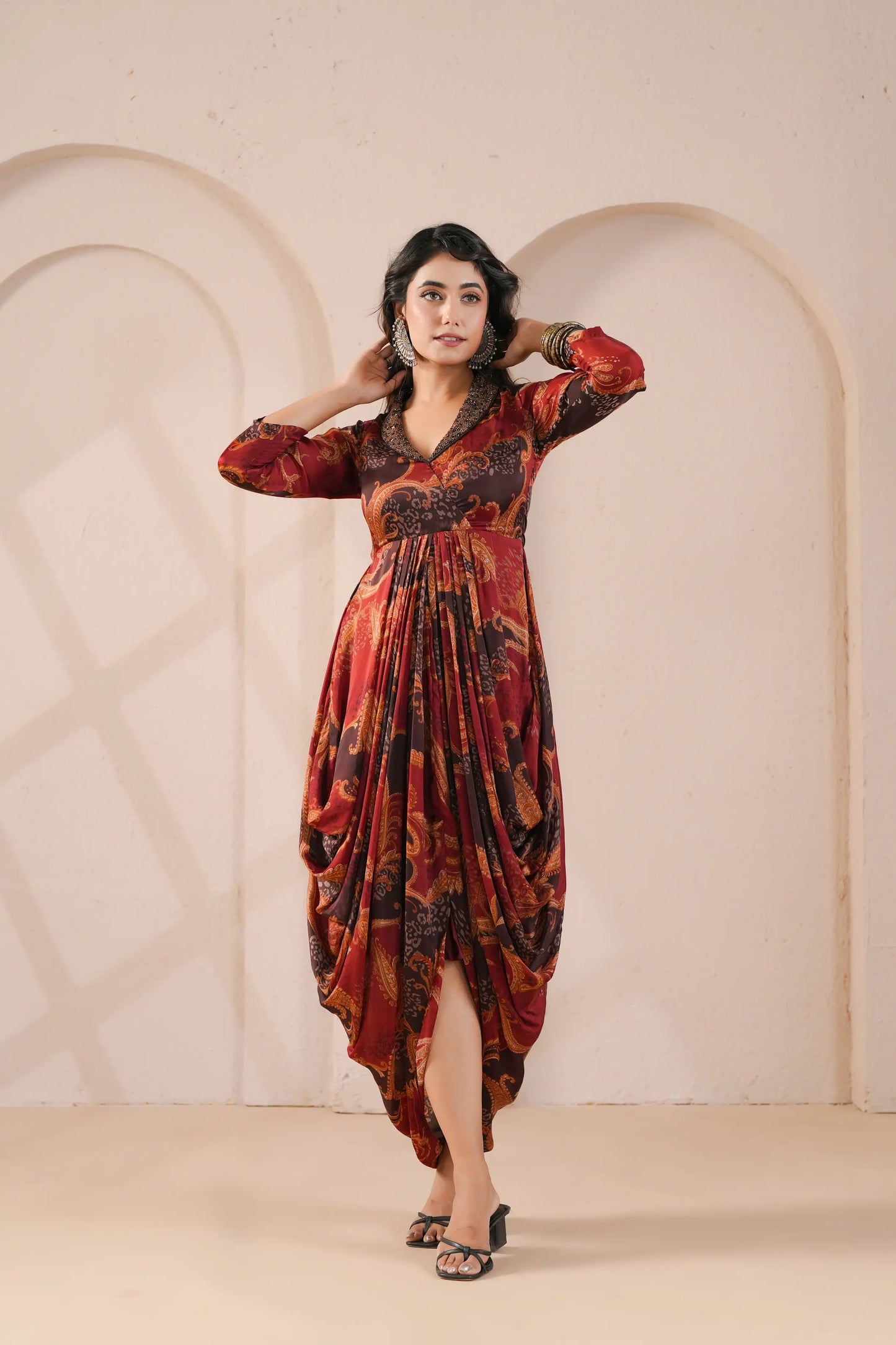Printed Cowl Dress with Embroidered Collar