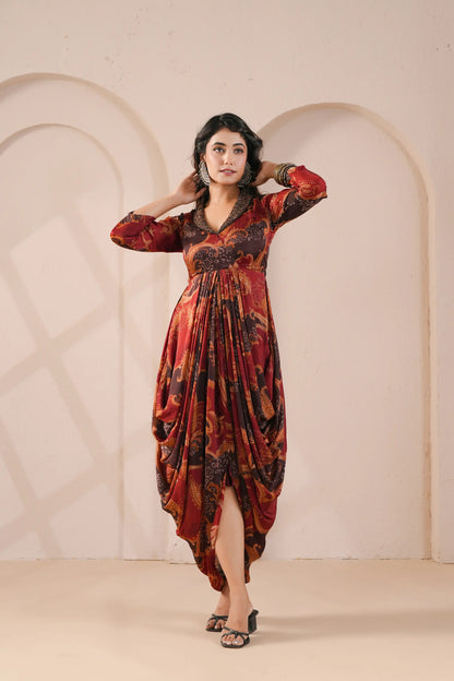 Printed Cowl Dress with Embroidered Collar