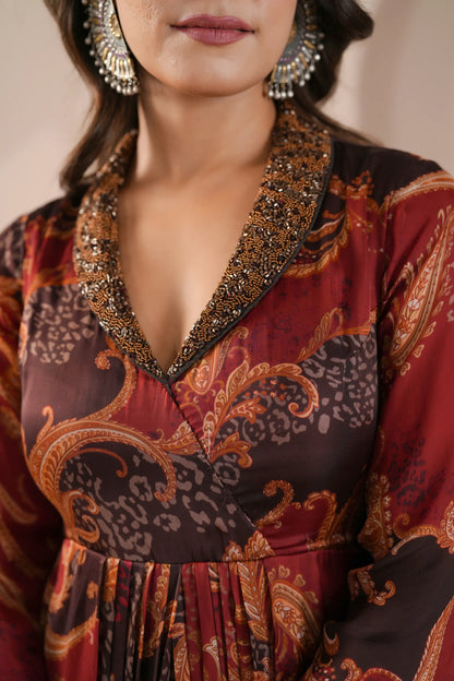 Printed Cowl Dress with Embroidered Collar