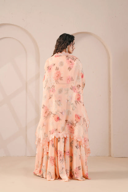 Embroidered Bustier,Printed flared Pants complimented with embroidered Scallop Overlay